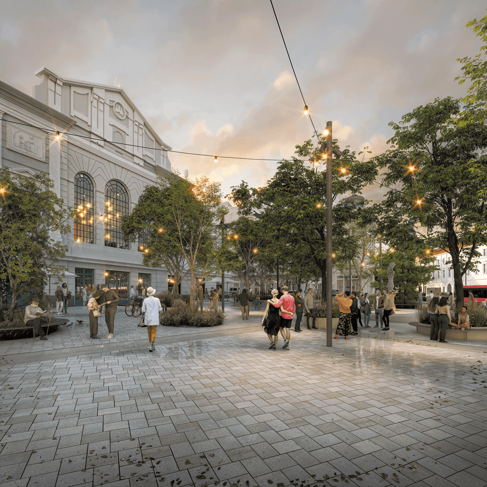 Vizualizácia plánovanej novej podoby Námestia Nežnej revolúcie, ktorá by mala byť výsledkom projektu Živé námestie. Vidno budovu Starej tržnice a pred ňou novú dlažbu, stromy a ľudí.