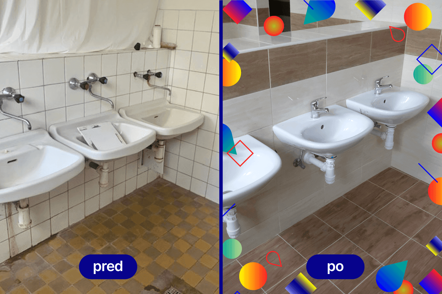 Foto pred a po realizácii rekonštrukcie toaliet na CVČ Gessayova, elokované pracovisko Batkova 2.